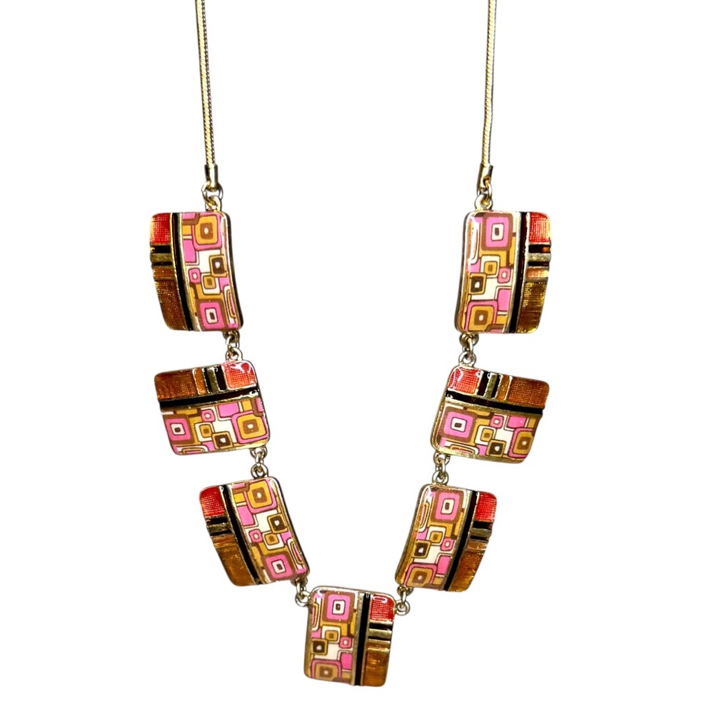 Vintage Necklace Enamel MCM Mid Century Geometric Panel Gold Tone Mod 16” - 18”